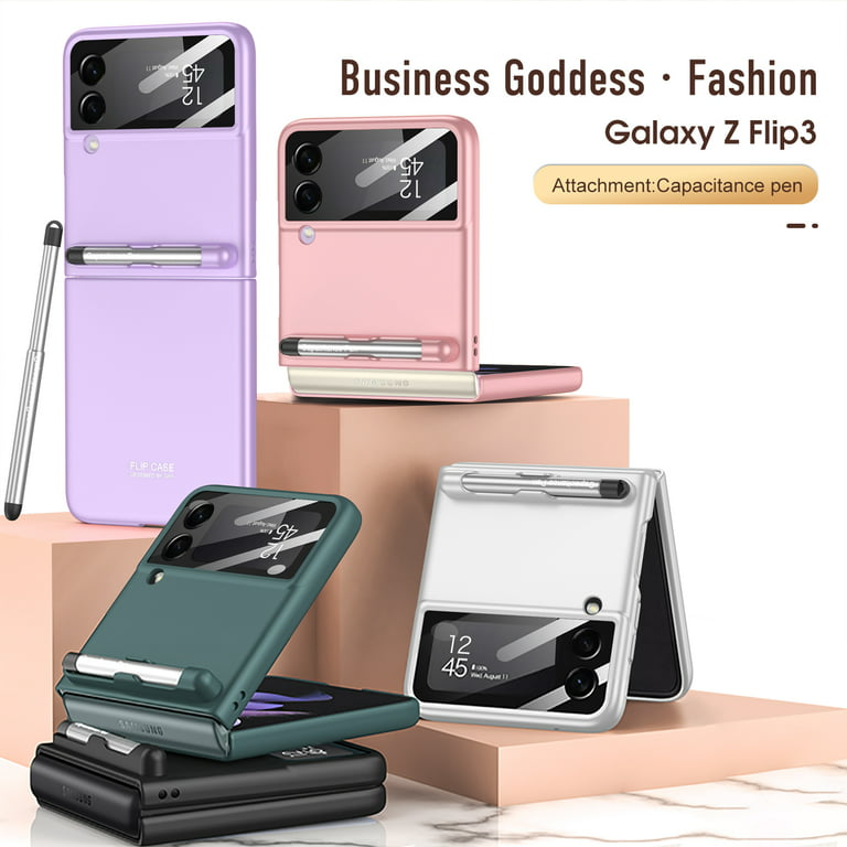 for Samsung Galaxy Z Flip 3 Case,with Stylus Fashion Business Phone case,with  Hinge Protection Device and Camera Screen Protector,Case for Samsung Galaxy  Z Flip 3 5G,Pink 