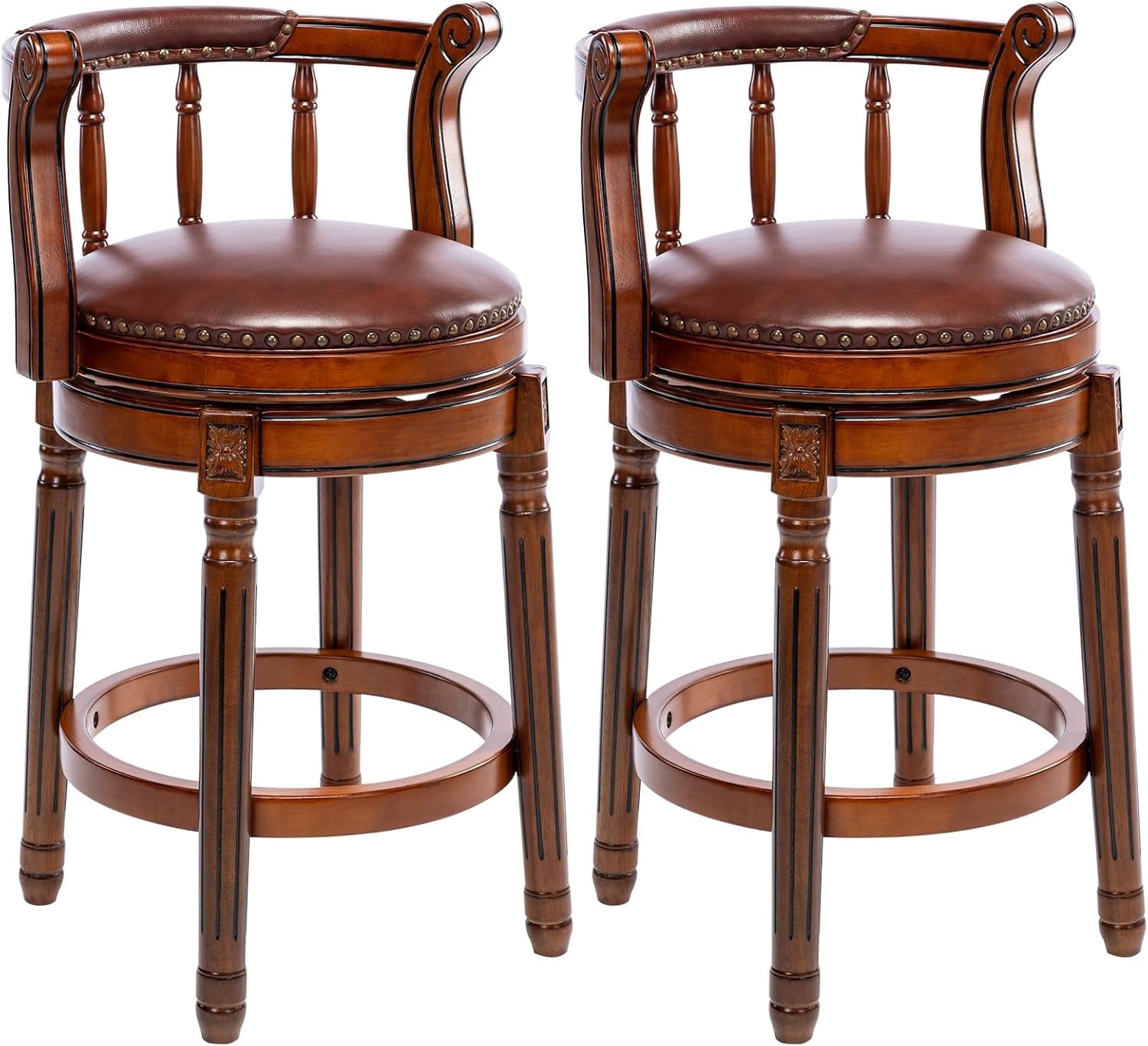 Aulife 2pcs Bar Stools Genuine Leather Counter Height barstool Wooden Swivel kitchen Stool with Footrest for Kitchen Dining Room