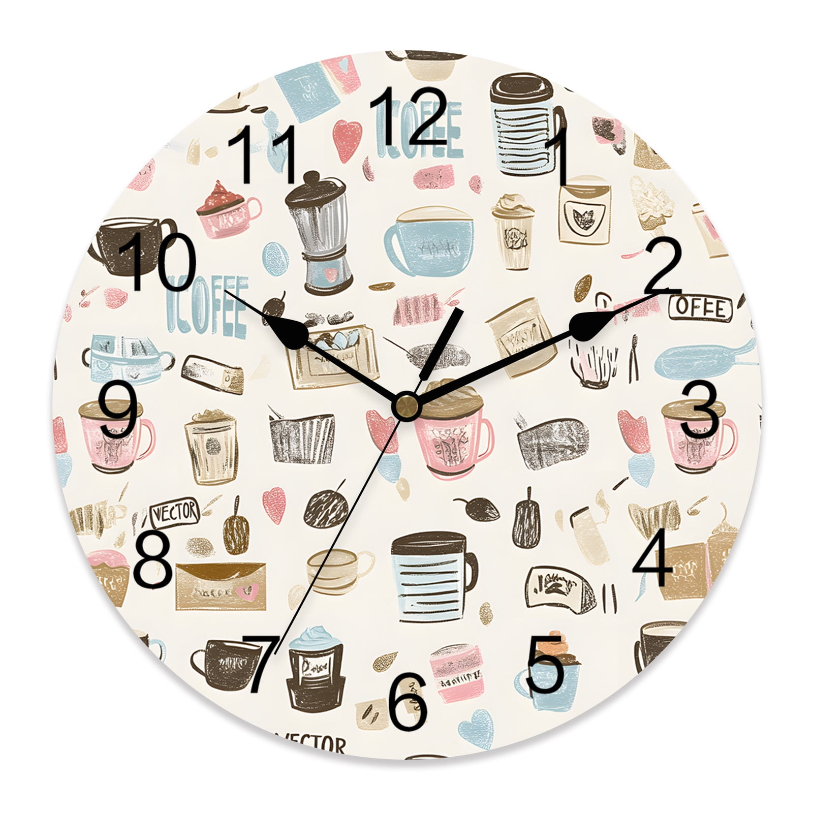 10 Inch Coffee Cappuccino Wall Clock, Cartoon Hand Painted Modern Retro Battery Operated Silent Non Ticking Clocks, Easy to Read Round Wall Clock for Kitchen/Living Room/Bedroom/Bathroom