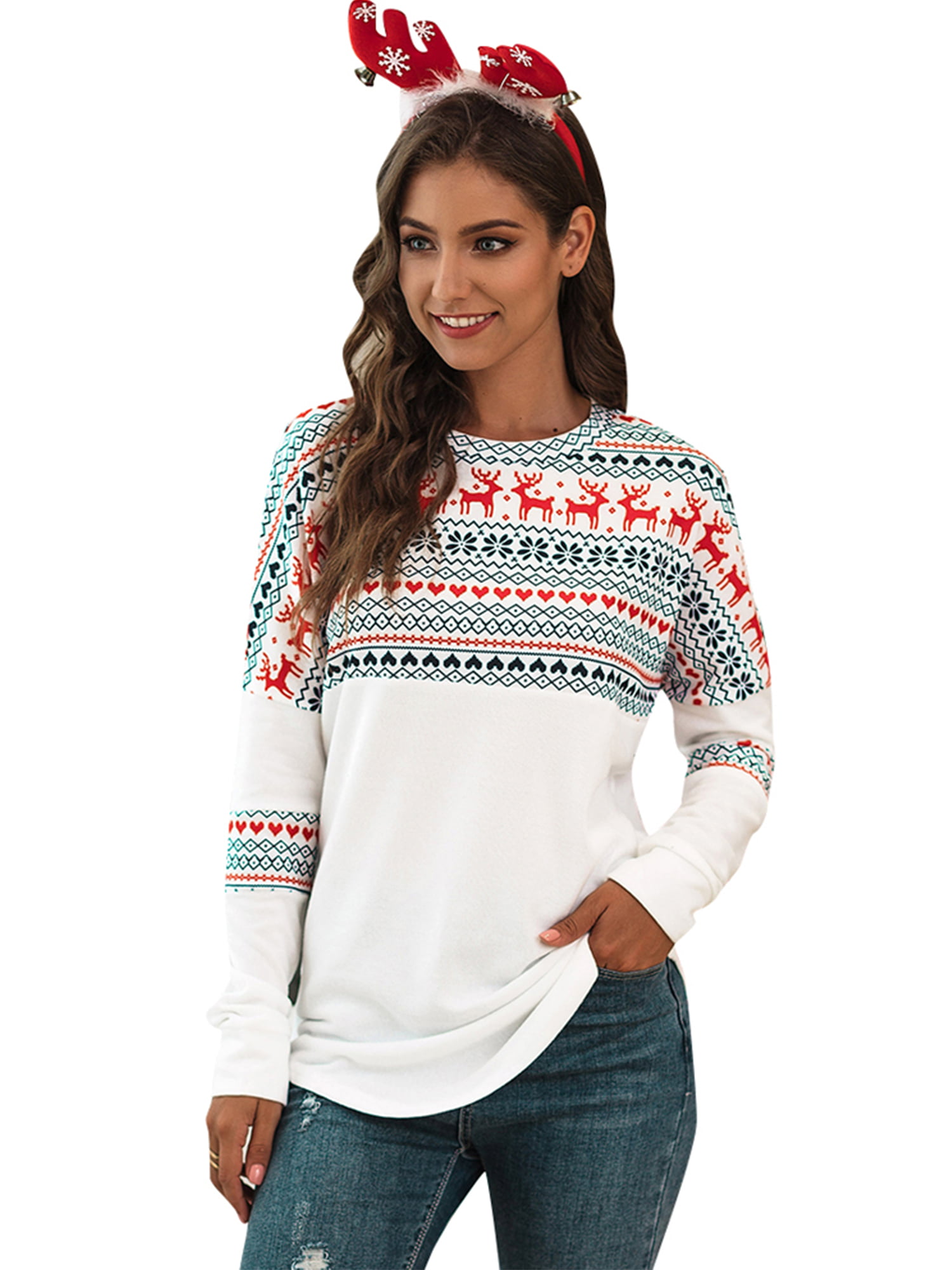 Ladies Christmas Jumper,Funny Graphic Reindeer Xmas Sweatshirt Crew Neck Long Sleeve Pullover Tops Blouse Christmas T Shirt for Women UK