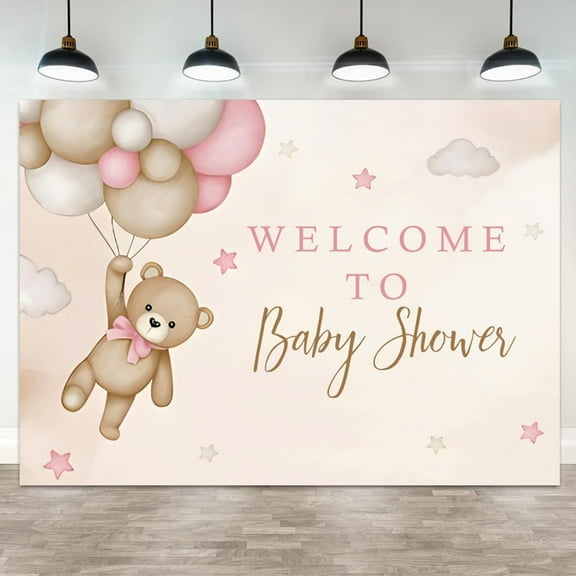 Bear Baby Shower Backdrop Brown Pink Hot Air Balloon Photography Background Sky Cloud Star Welcome to Baby Shower Decorations Banner Photo Booth Props