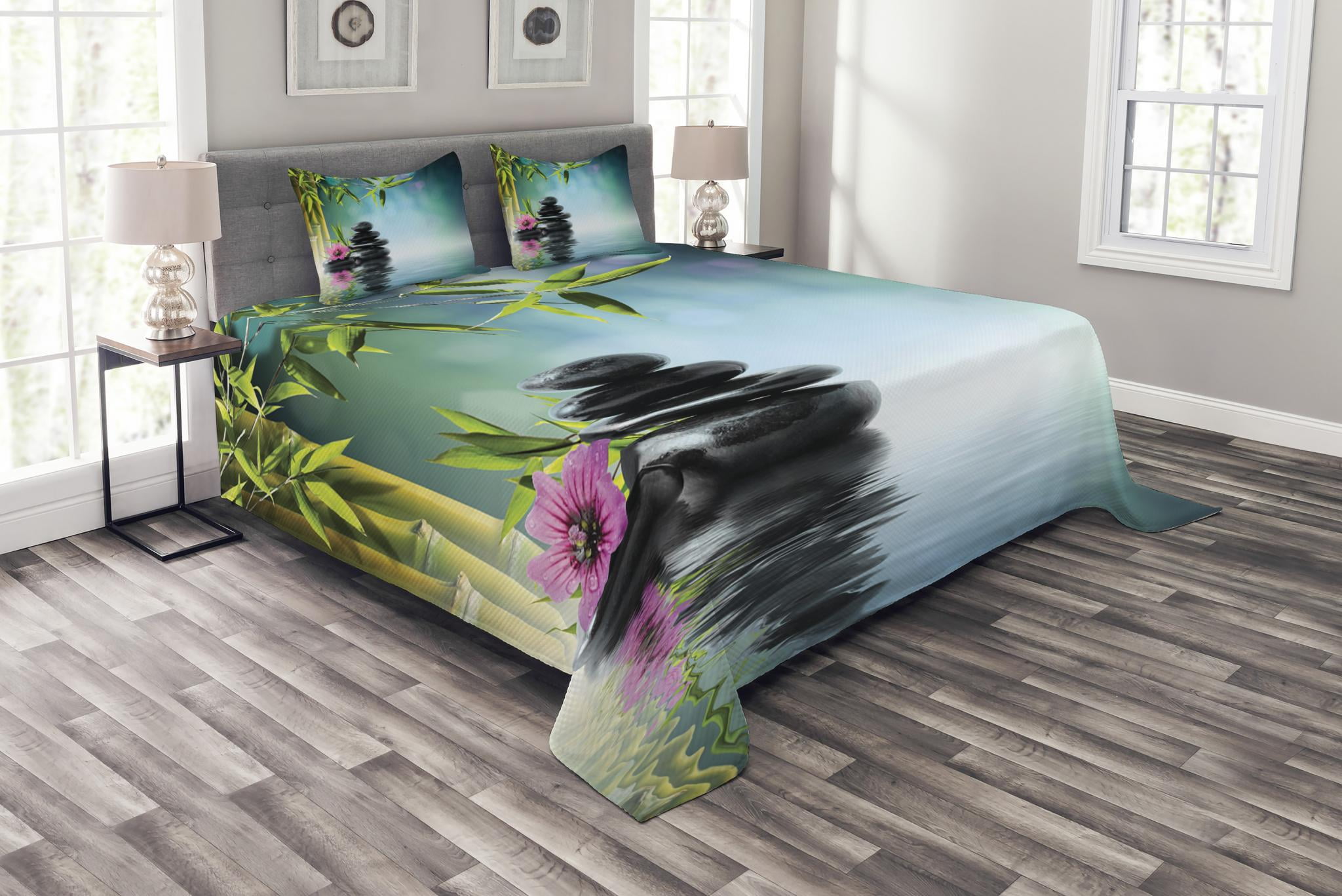 Zen Garden Bedspread Set Queen Size, Pink Flower Spa Stones and Bamboo