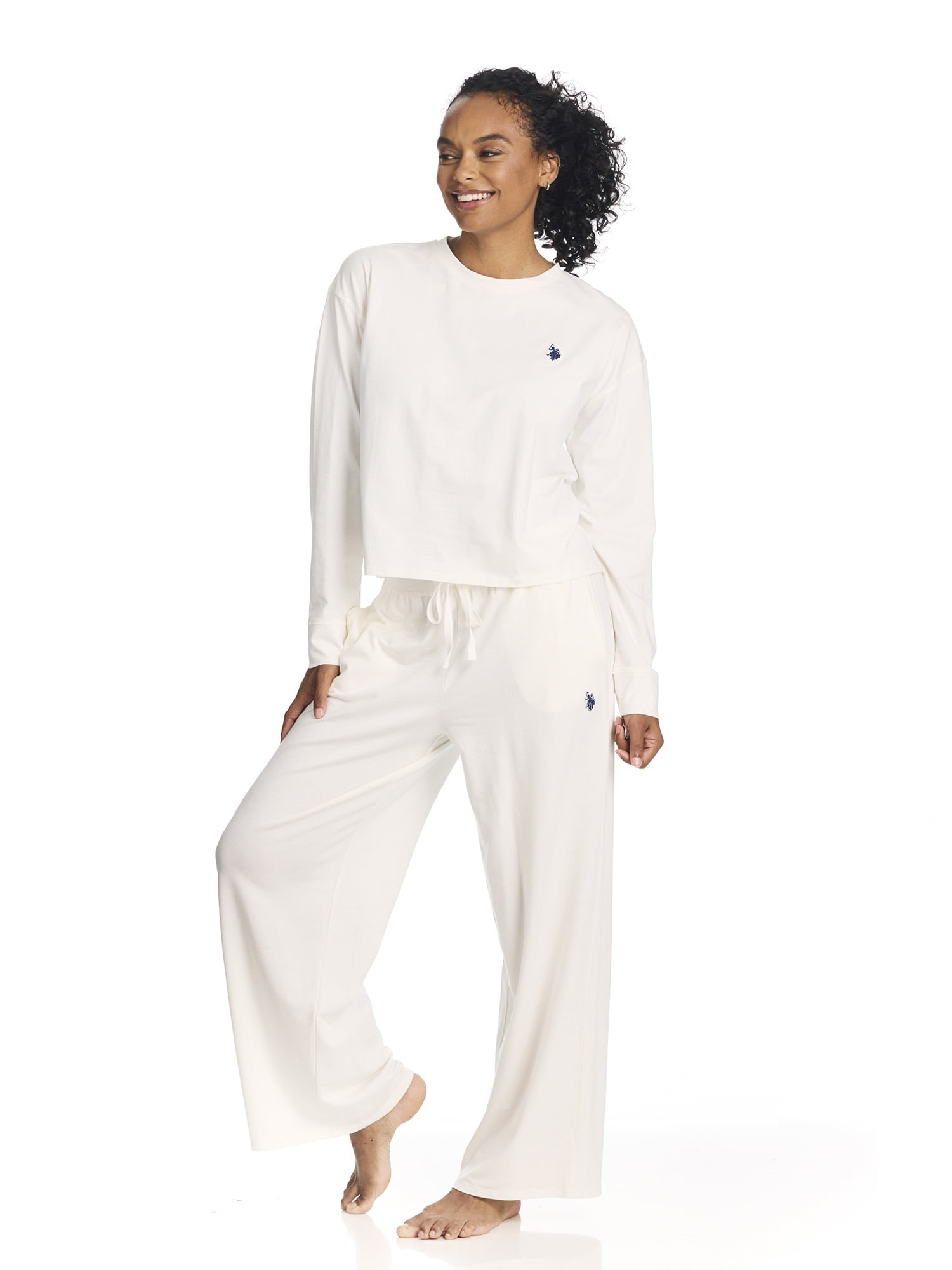U.S. Polo Assn. Women's Long Sleeve Cotton Span Top and French Terry Wide Leg Pant Pajama Sleep Set, 2-Piece, Sizes S-3X