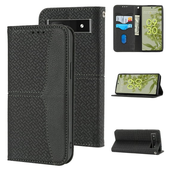 Dteck Wallet Case for Google Pixel 6A 6.1 inch,Drop Protection Premium PU Leather Magnetic Flip Holder ID Credit Card Slots Phone Cover with Wrist Strap,Black