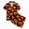 thumbnail image 4 of Cdudpw Toddler Girl Halloween Pajamas Set Ghost Print Short Sleeve Button Down Shirt Pants Fall Pjs Satin Outfits(A006-Black), 4 of 5
