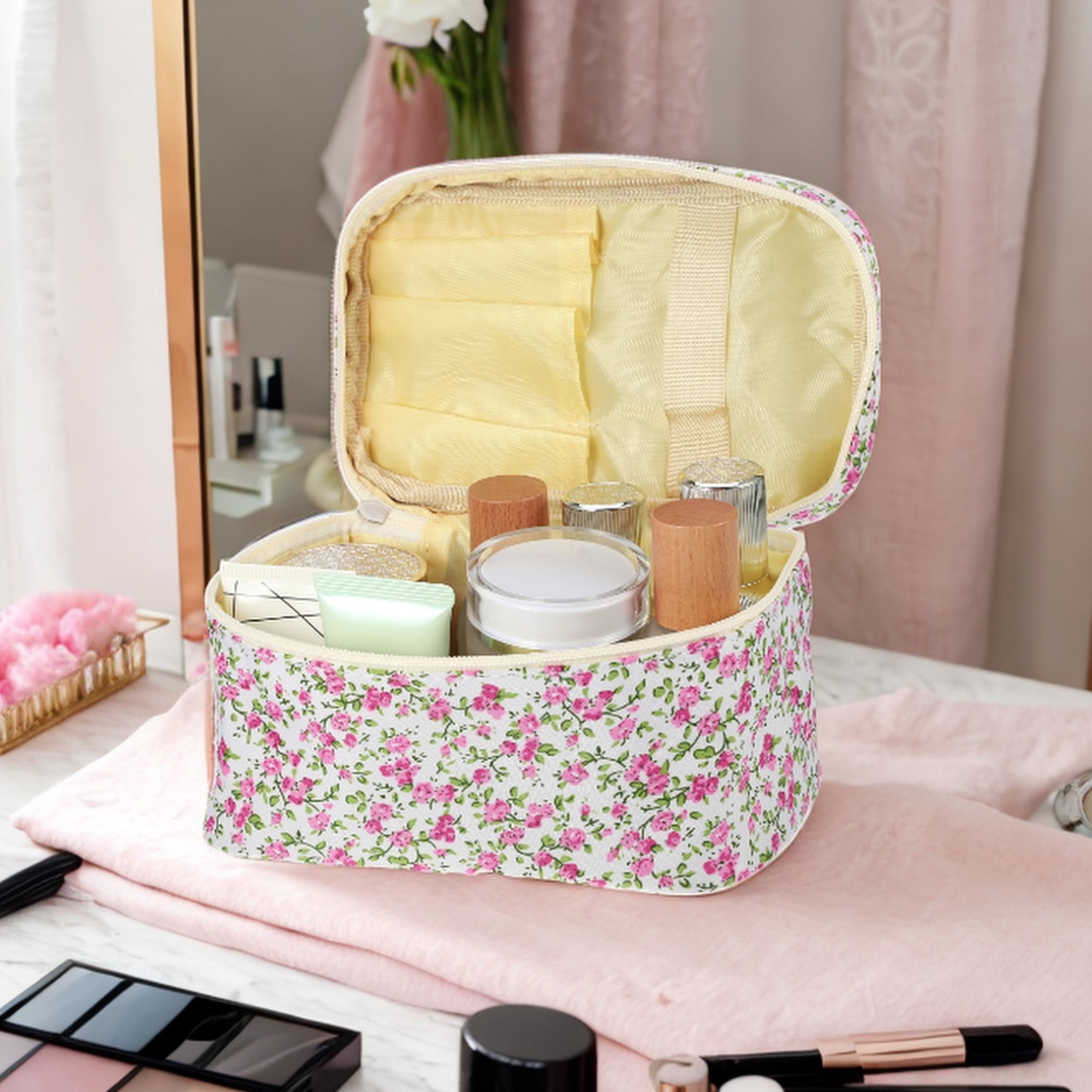Unique Bargains 1Pc Beautiful Floral Storage Cosmetic Bag for Women's Toiletry Rose Red