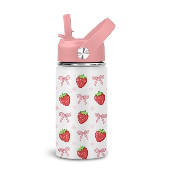 JOPJOLIW Strawberry 12oz Water Bottle for Girls, Insulated Tumbler with Straw Lid & Handle, Birthday Gift for Her Friends Daughter, Stainless Steel Reusable Leak-proof Cup for Sports, Pink 1-Pack