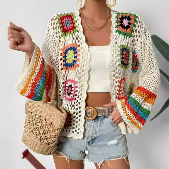 Colorful Pullover Sweaters Jacket Handmade Crochet Knitted Cardigan Sweater For Women Long Sleeved Top Spring Autumn Boho Pull