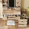 thumbnail image 2 of 7-Drawer Vanity Desk with LED Mirror and Jewelry Storage, Fluted Makeup Table with Metal Legs and PU Stool, Carved Dressing Table for Bedroom Organization, 2 of 9
