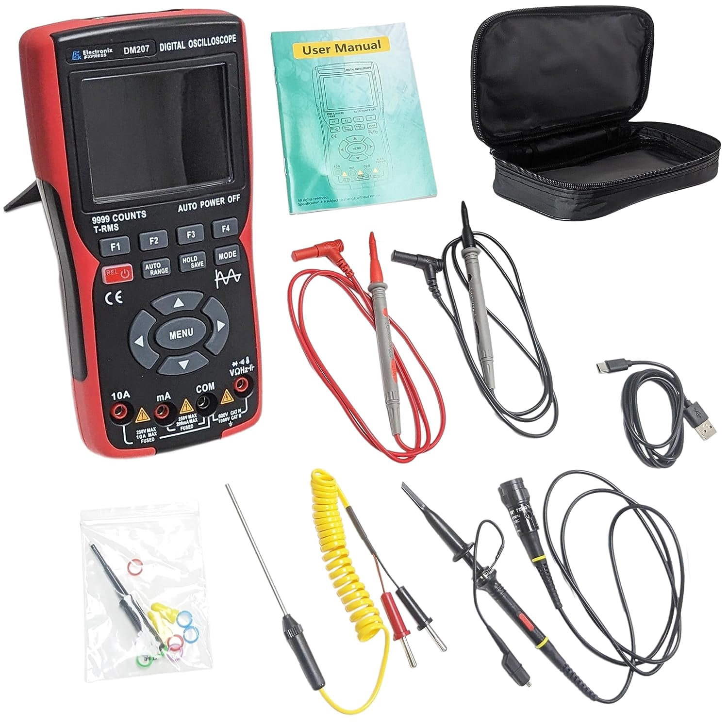 DM207 Handheld 2-in-1 Oscilloscope Multimeter with Backlit Color Screen, Single Channel 10MHz Bandwidth, 9999 Counts True RMS DMM with Temperature Measurement, Rechargeable - Electronix Express