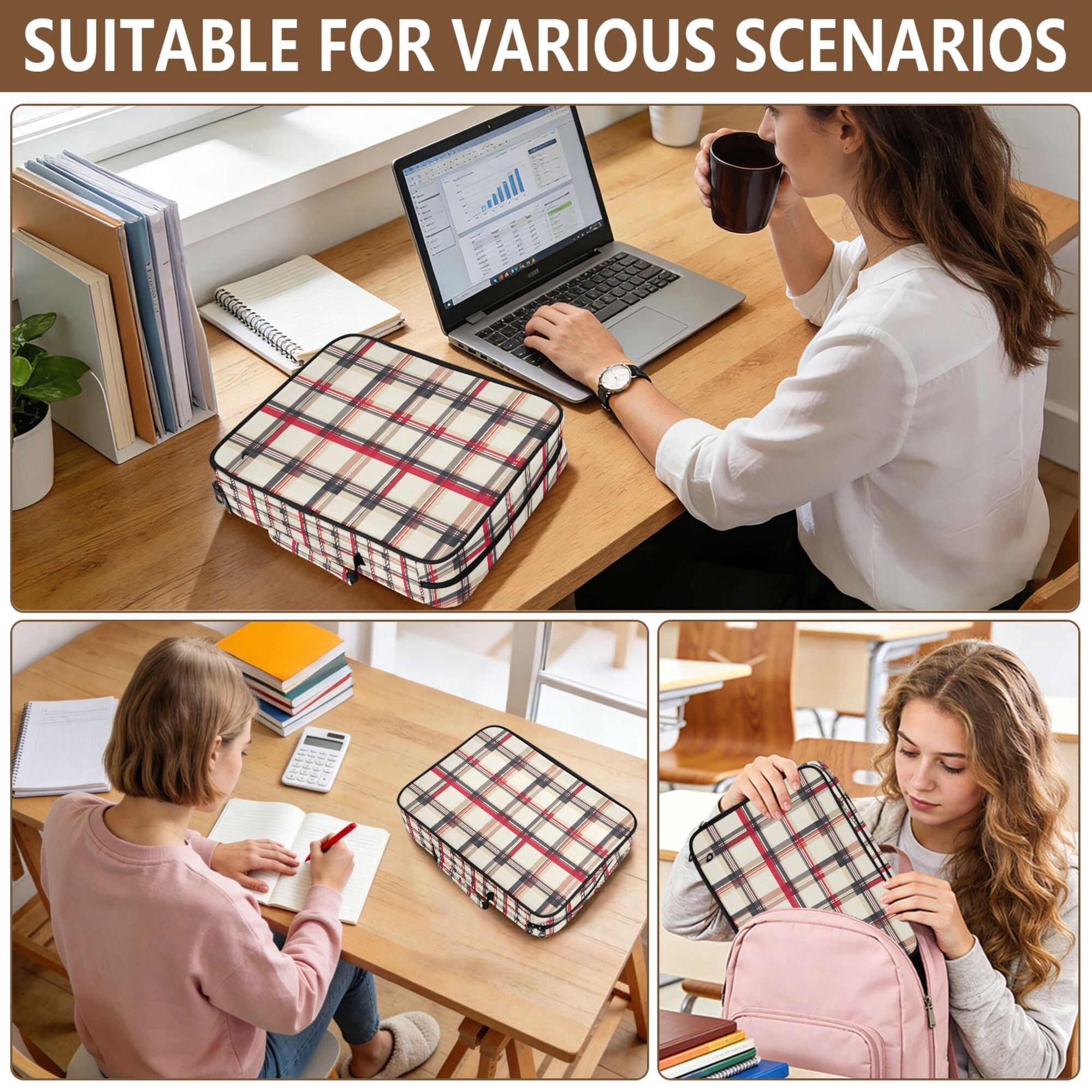 FORMRS Accordion File Folder A4 Size 7-Pocket Expanding Document Organizer Bag with 3 Ring Binder, Red Tartan