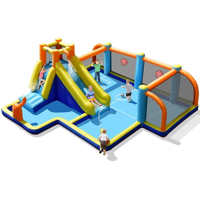 Tobogán acuático inflable Costway con tema fútbol casa inflable con piscina y pared para escalar