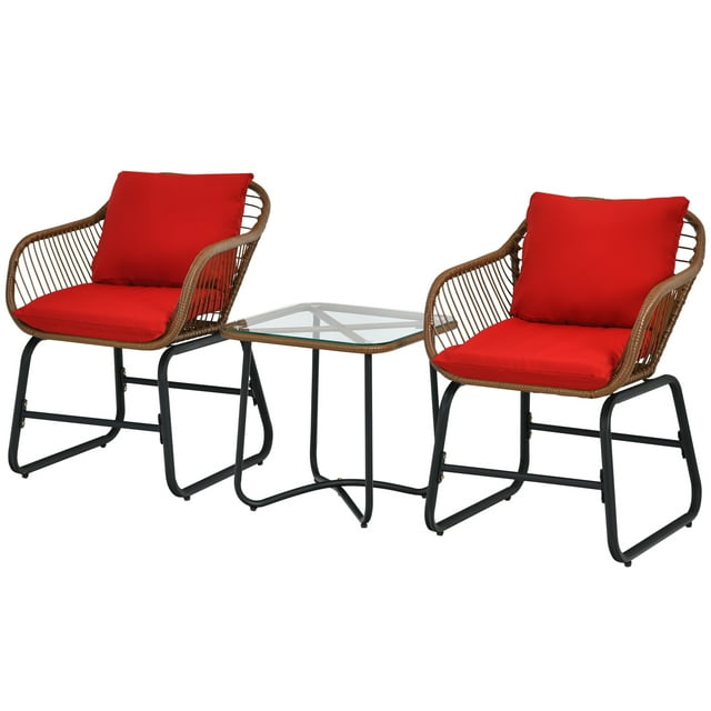 Patiojoy 3 Pieces Outdoor Furniture Set Patio Bistro Set w/2 Armchairs & Tempered Glass Table Red