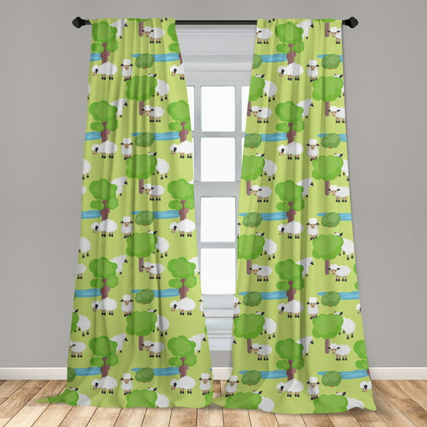 Farm Animal Curtains 2 Panels Set, Nursery Cartoon with Sad Sheep in Forest  with Trees and Pond, Window Drapes for Living Room Bedroom, 56