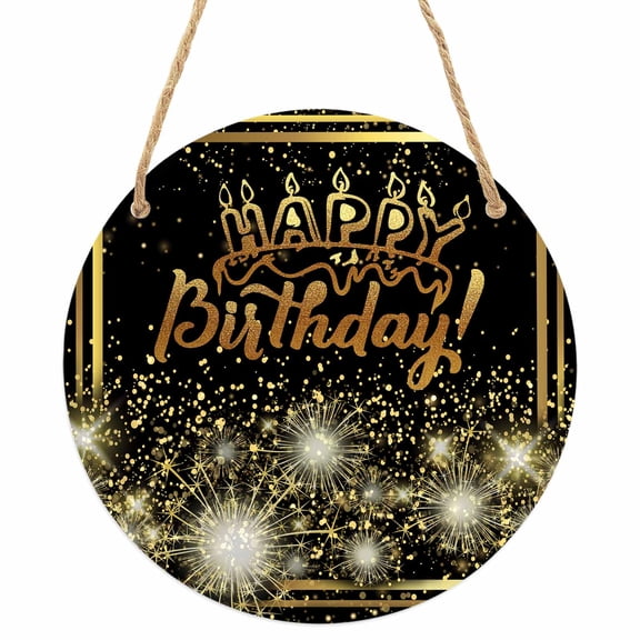 Happy Birthday Round Front Door Welcome Sign, 7.8 Inch Wall Hanging Decor for Indoor Outdoor, Luxurious Black Golden Cake Fireworks Home Porch Hanger Decorations for Holiday Gift