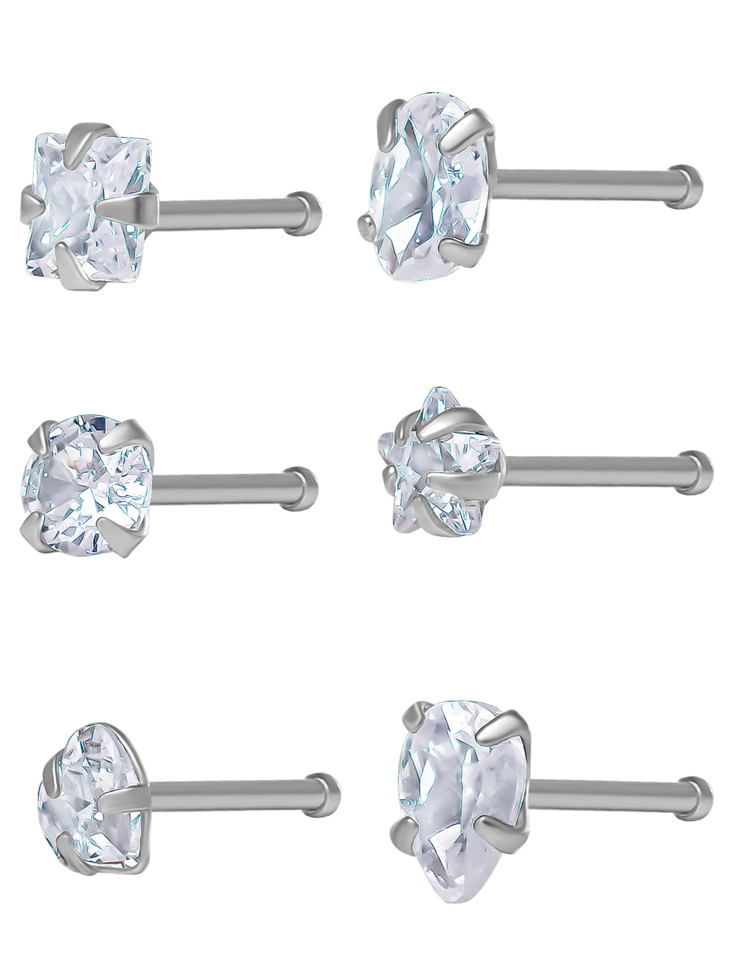 Body Jewelry 22G Women's Stainless Steel Crystal Nose Rings, 6 Pack