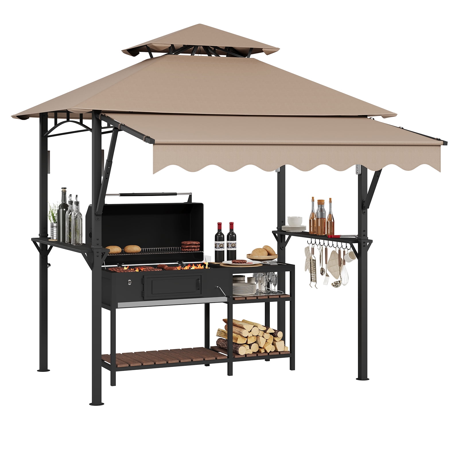Heavy Duty Steel Grill Gazebo 8' x 5' – Double-Tier Roof, 7' x 3' Side Awning, LED Lights, Storage Shelves, Hooks – Outdoor BBQ Canopy Shelter for Patio