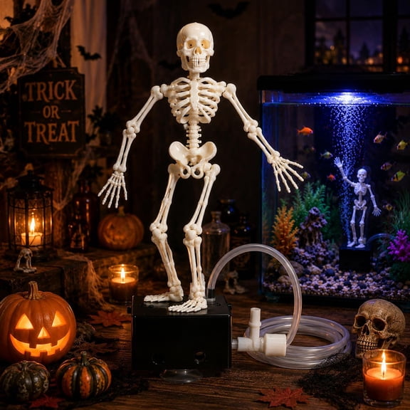 7" Dancing Skeleton Aquarium Bubbler, Air-Powered 3D Moving Skull Fish Tank Decor with 1M Hose, Easy-Care Oxygenating Resin Ornament & Aquatic Gift
