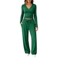 thumbnail image 2 of Lounge Set V Neck Ruched Long Sleeve Crop Top Drawstring Wide Leg Pants Sets for Women Cozy Loose Fit Casual Outfits Blue M, 2 of 7
