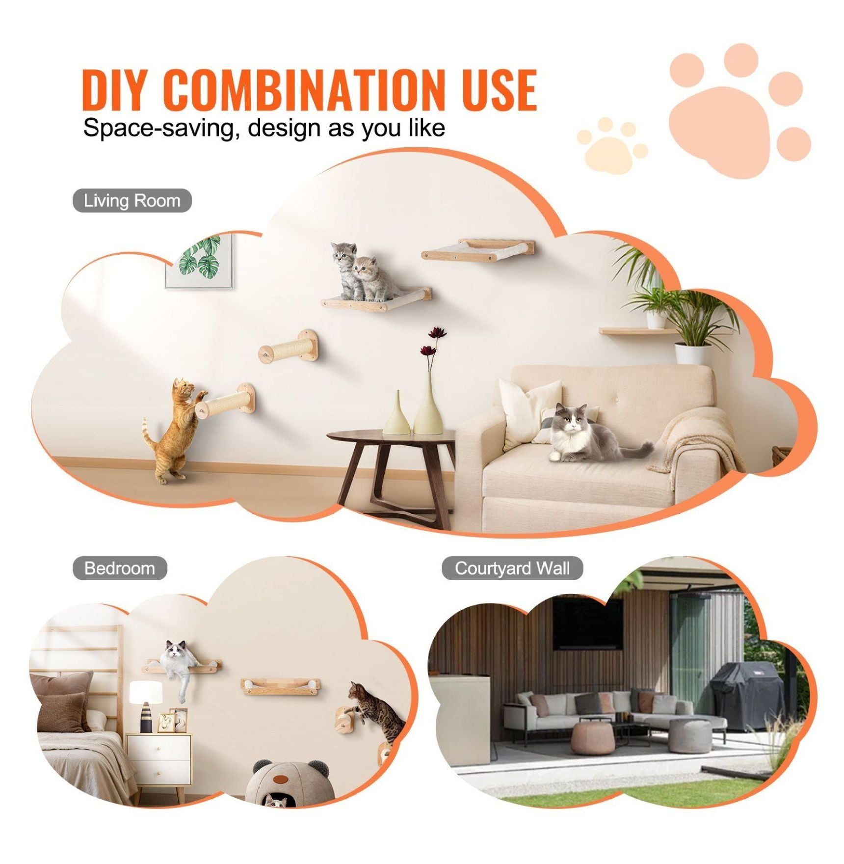 Wall Mounted Cat Shelves, Cat Wall Furniture with 2 Hammocks & Posts