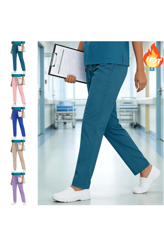 Scrub Pants for Women High Waisted Straight Leg Scrub Pant Elastic Waist Drawstring Work Trousers Doctors Nurse Medical Versatile Workwear with Pockets M