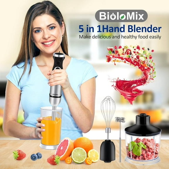 5 IN 1 Manual Hand Blender - Black, 6 Speeds, Corded Electric, Stainless Steel Blade