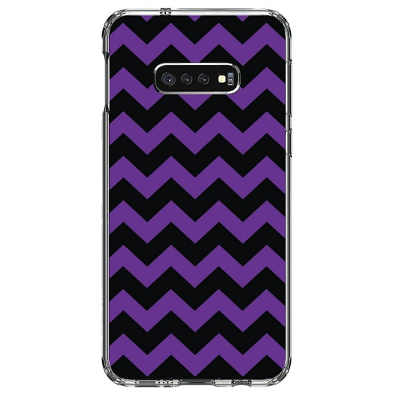 DistinctInk Clear Shockproof Hybrid Case for Samsung Galaxy S10e (5.8" Screen) - TPU Bumper, Acrylic Back, Tempered Glass Screen Protector - Black Purple Stripes - Stripes Pattern