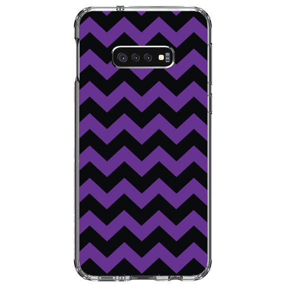 DistinctInk Clear Shockproof Hybrid Case for Samsung Galaxy S10e (5.8" Screen) - TPU Bumper, Acrylic Back, Tempered Glass Screen Protector - Black Purple Stripes - Stripes Pattern