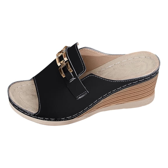 Slippers for Women,Slippers Stylish Platform Sandals With Metallic Decoration Open Toe Beach And Casual Footwear For Summer,Womens Slippers,Black,7