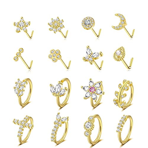 16Pcs 20G Stainless Steel Nose Rings Hoop for Women Men Paved CZ Cartilage Earring Hoop Cute Butterfly Flower Nose Piercing Jewelry Gold Black Rose Gold Nose Ring Hoop