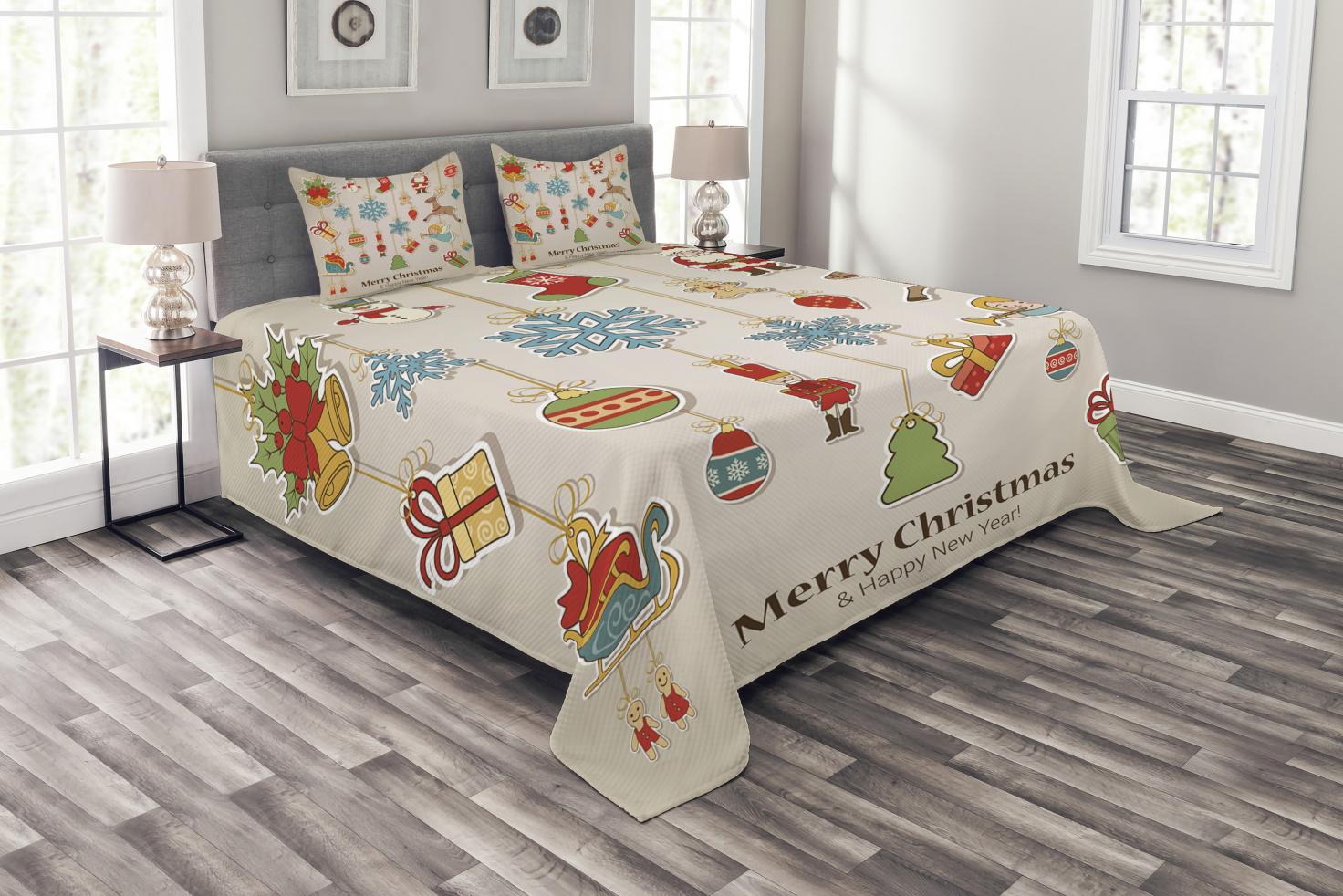 Christmas Bedspread Set Queen Size, Noel Xmas Winter Holiday Themed