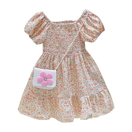 

Summer Ruffle Puff Sleeve Girls Dresses Fashion Cute Floral Print Princess Dress With Satchel Bag Summer Girl Clothes