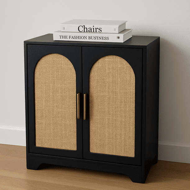 Sideboard buffet gabinete: credenza con 2 rattan decor doors para almacenamiento, ideal para para coffee bar, wine bar in sala de estar, kitchen, hallway, dining room, y entrada (negra)