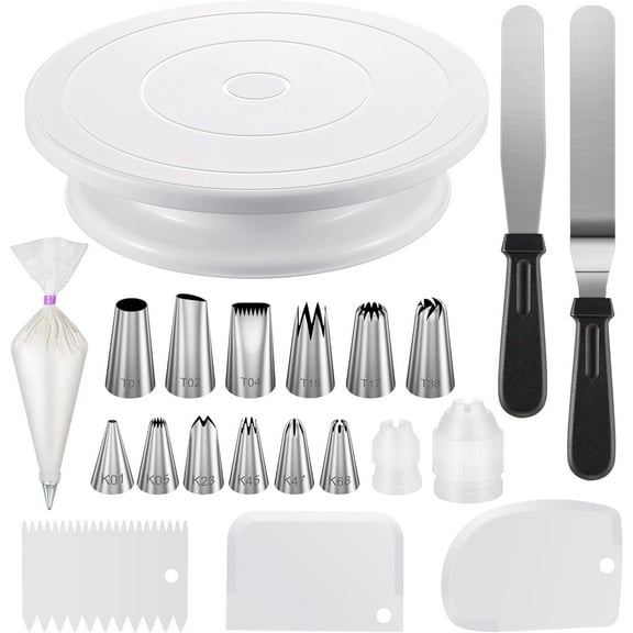 BakeMviert 70 Pcs Cake Turntable Kits, Cake Decorating Kits with 1 Rotating Cake Stand, 3 Scrapers, 2 Spatulas, 12 Piping Nozzles, 2 Couplers, 50 Disposable Pastry Bags