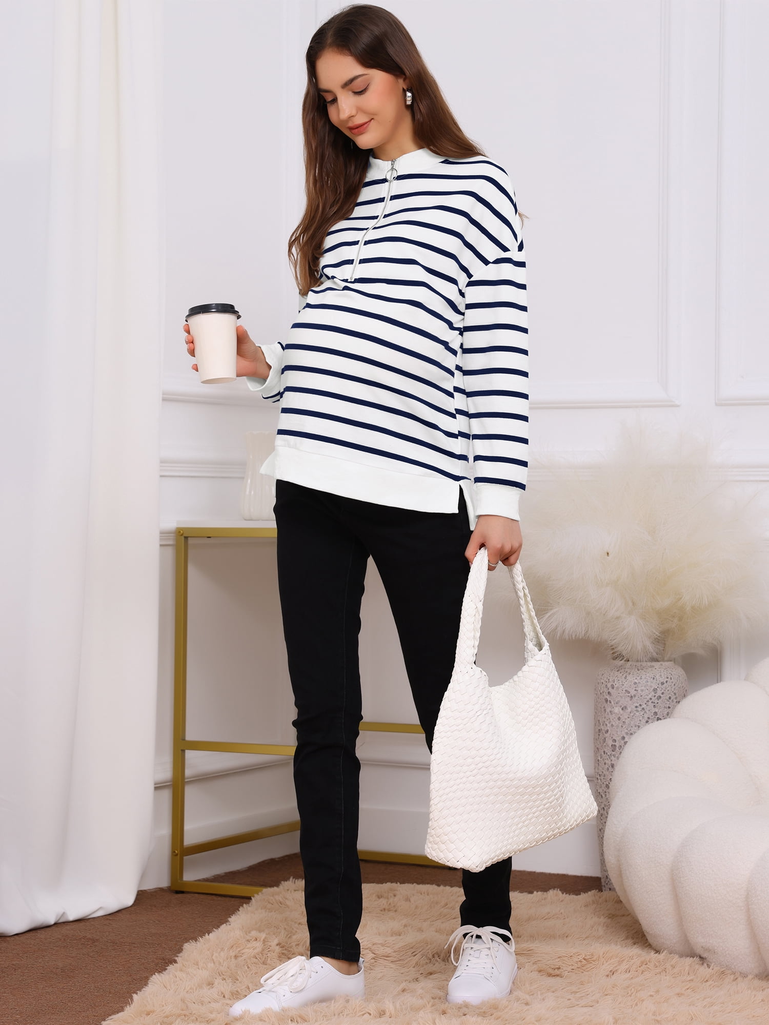 DARING DIVA Women's Maternity Mock Neck Long Sleeve Half Zip Sweatshirt S Blue