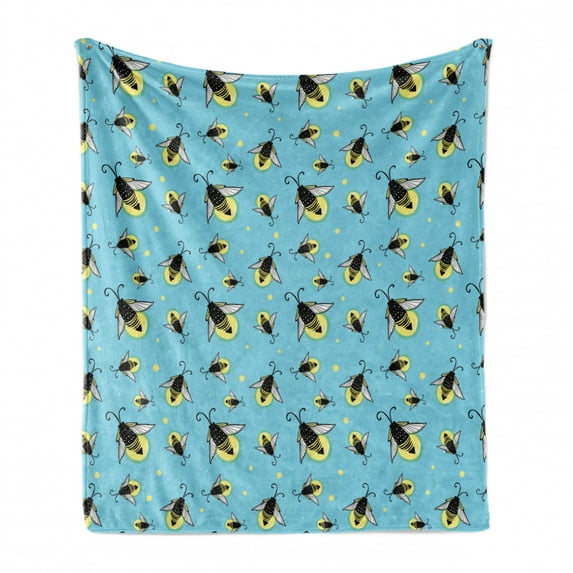 Firefly Soft Flannel Fleece Throw Blanket, Flying Spring Season Bugs Pastel Wings Kids Nursery Playroom, Cozy Plush for Indoor and Outdoor Use, 70" x 90", Dark Blue Grey Yellow, by Ambesonne
