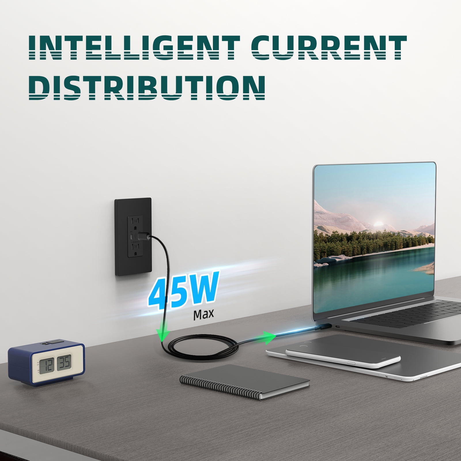 TOPELER PD USB Wall Outlet, 45w Fast Speed 2 Type-C Ports Charger Receptacles, 15A TR Receptacle, Screwless Wall Plate Included, ETL Listed & FCC Approval