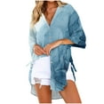 thumbnail image 2 of IROINNID Deals Women's Long Sleeve V-Neck Shirts Comfy Summer Turndown Collar Tops Print Button Female Blouses Beach Cover Up Shirt,Sky Blue, 2 of 5