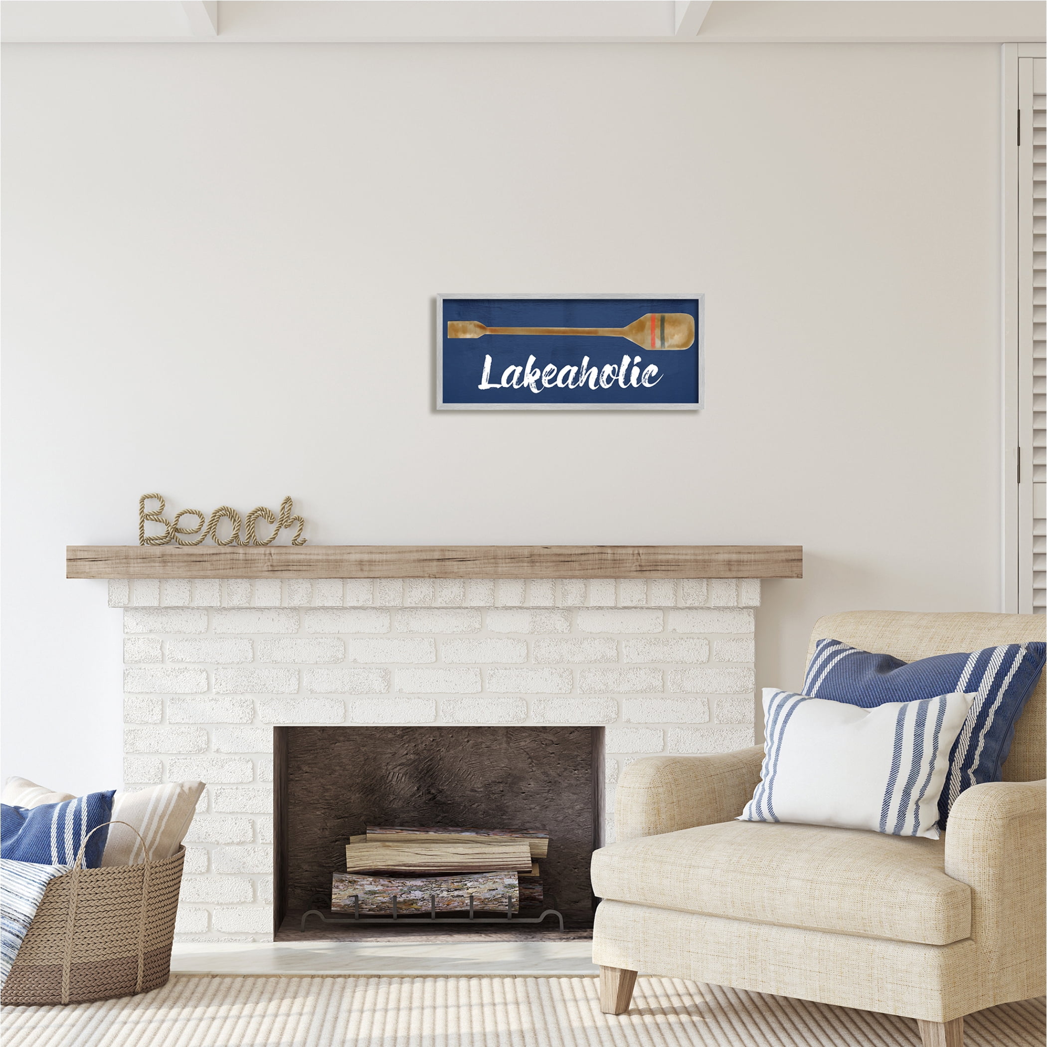 Stupell Industries Lakeaholic Boat Oar Inspirational Painting Gray Framed Art Print Wall Art, 24 x 10
