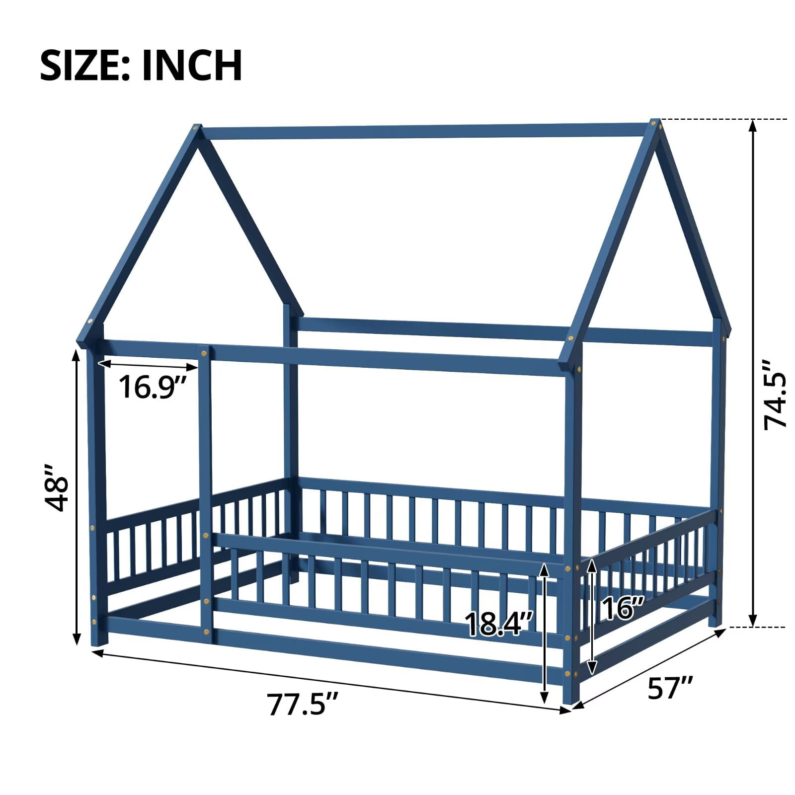 Full Size Montessori Floor Bed Frame Fence, Wooden House Bed for Boys Girls Bedroom, Mist Blue (without Slats)