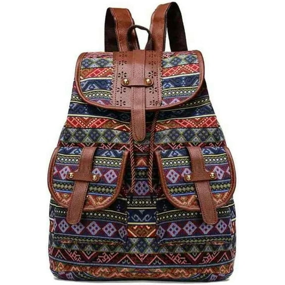 Hippie Canvas Women Backpack Purse- Boho Style Ethnic Drawstring Causal Double Shoulder Vintage Travel Daypack (Landscape)