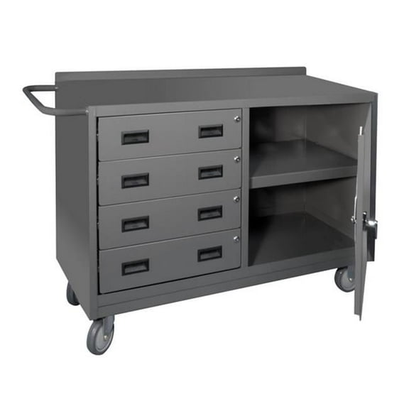 Durham 2221-95 48 in. 16 Gauge Lockable Mobile Bench Storage Cart with 3 Shelves & 4 Drawers Tubular Push Handled, Gray