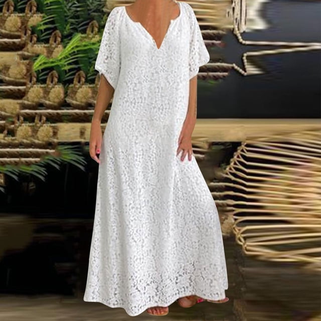 Fankiway Robes Longues en Dentelle à Manches Courtes et Col en V Décontractées pour Femmes Grande Taille en Solde Robes d'Été pour Femmes Manches Courtes