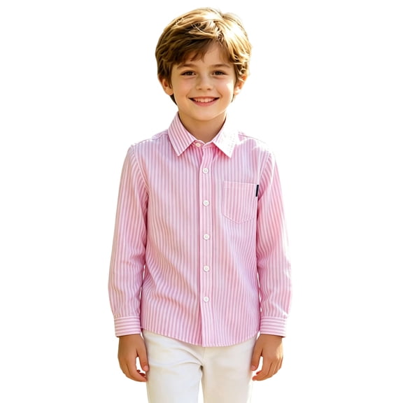 ZHOGXU Toddler Boys Girls Long Sleeve Striped T Shirt Turndown Collar Button Down Gentleman Tops With Pocket For Kids Cute Relaxed Fit,Comfortable Daily Wear,Pink,4-5 Years