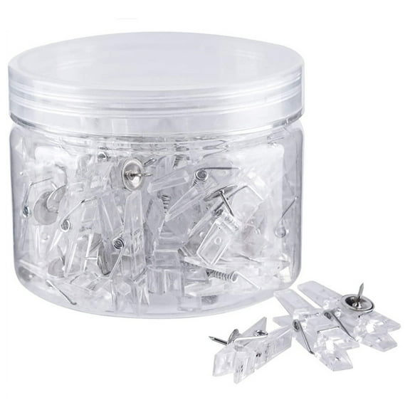 Pack of 50 Clear Thumb Tacks Photo Clip-shaped Push Pins 2-in-1 Metal Push Pin