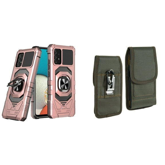 Case with Belt Holster Bundle for Samsung Galaxy A53 5G: Heavy Duty Shield Cover (Rose Gold) and Vertical Rugged Nylon Phone Pouch (Midnight Green)
