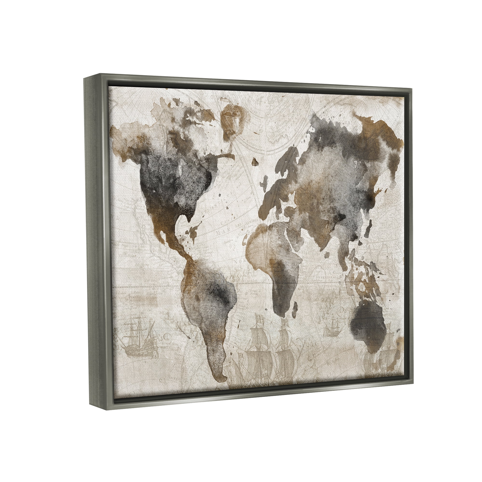 Stupell Industries Vintage Rustic World Map Town & City Painting Gray Floater Framed Art Print Wall Art