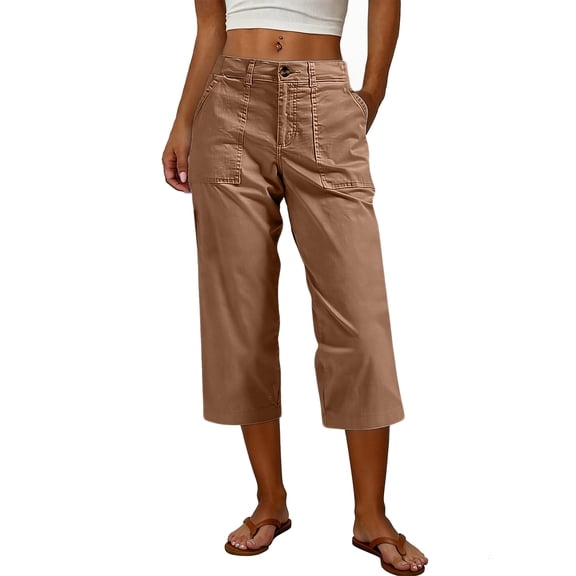 Dwellite Womens Wide Leg Cargo Pants Summer Hiking Capris Lightweight Ladies Casual Pant Travel with Pockets Light Brown M