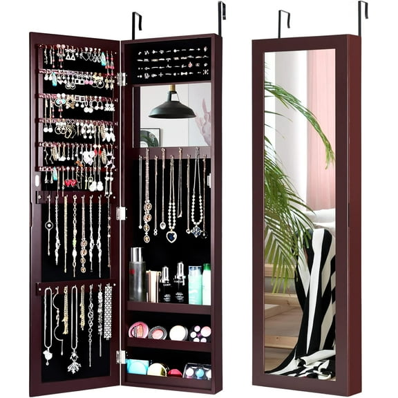Sptwo Full Length Mirror Jewelry Cabinet, Wall Door Mounted Jewelry Organizer with Makeup Mirror, Ring Slots and Necklace Hooks, Large Storage Jewelry Armoire for Bedroom, Dressing Room (Brown)