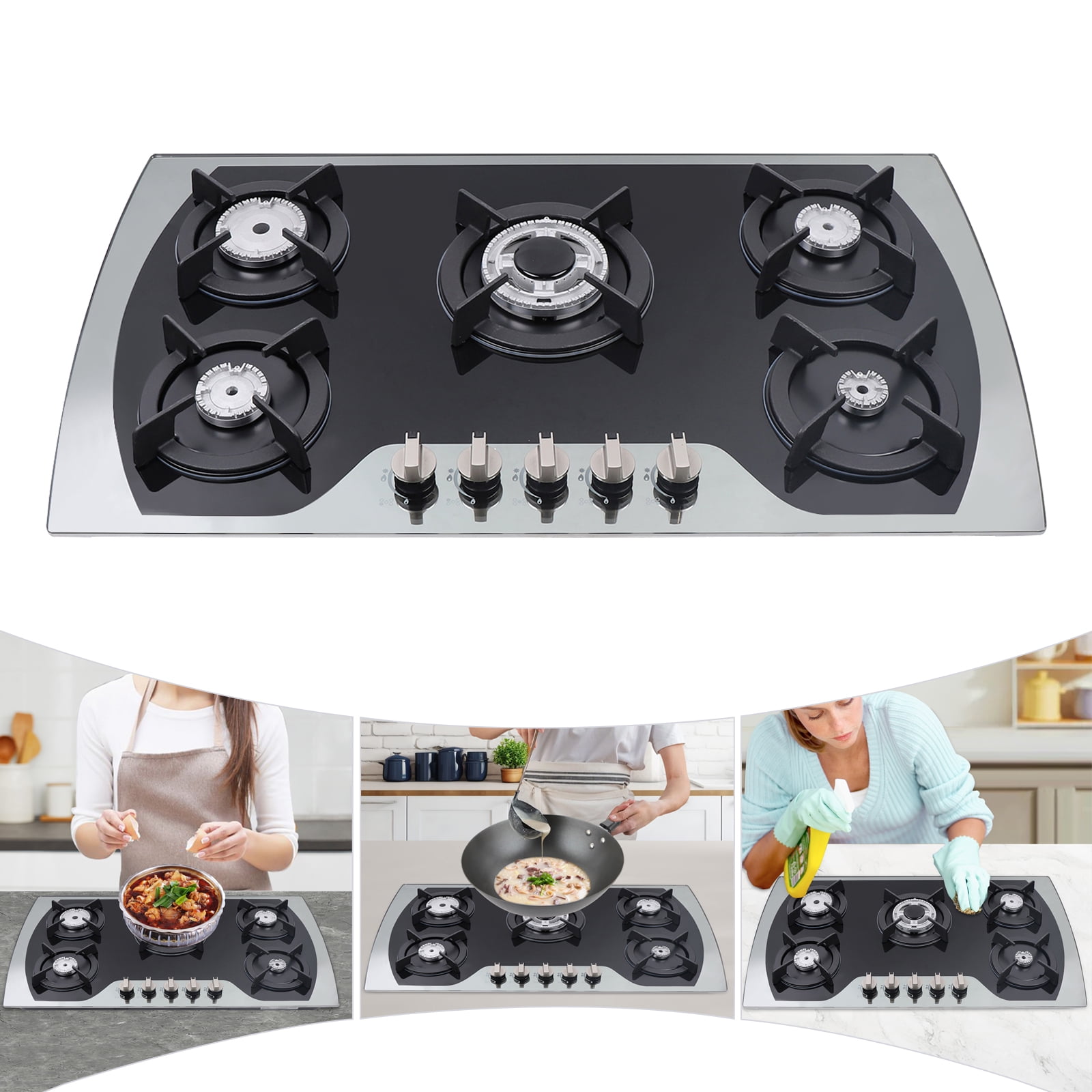 35.4" Gas Cooktop Stove Top 5-Burner Tempered Glass Built-In LPG/NG Gas Cooker